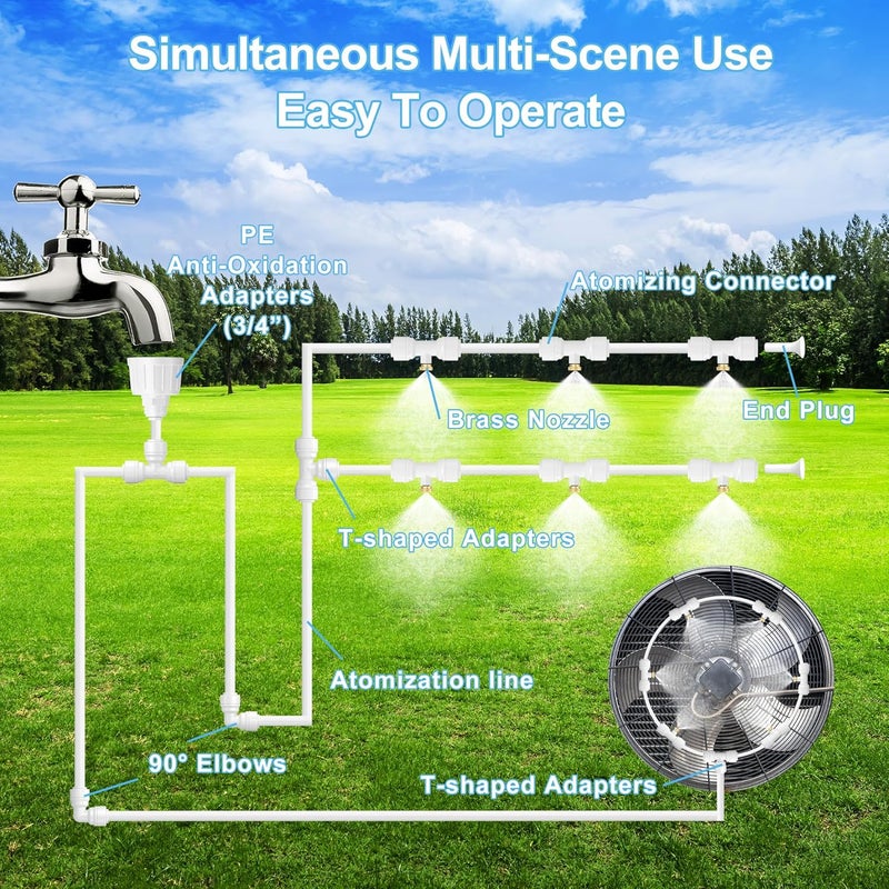 Misigo Misting Systems White, Outside Patio Misters, 100FT Misting Cooling System+30 Brass Mister System+2 PE Antioxidant Adapters 3/4"+2 Tee Adapters+2 90 Degree Elbows for Pasture&Garden&Gazebo (White) - Image 4